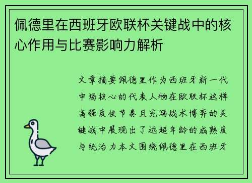 佩德里在西班牙欧联杯关键战中的核心作用与比赛影响力解析